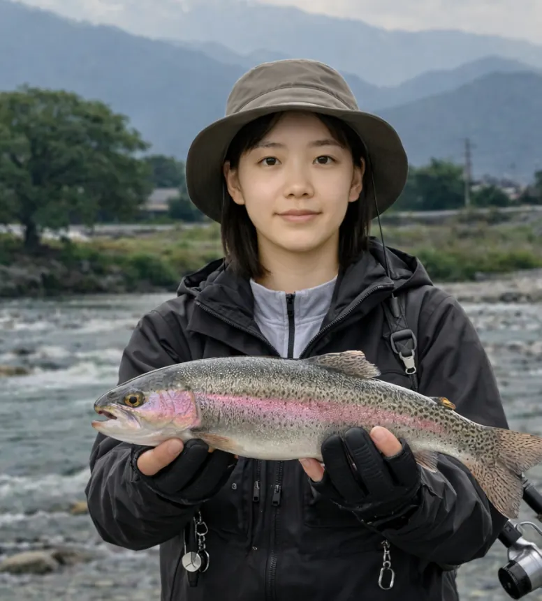 穂高川でニジマスの釣果を得た森永.webp