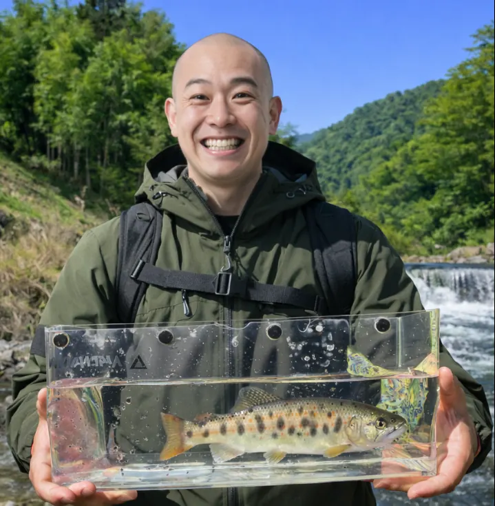 笹子川でヤマメの釣果を得たがんだま君.webp