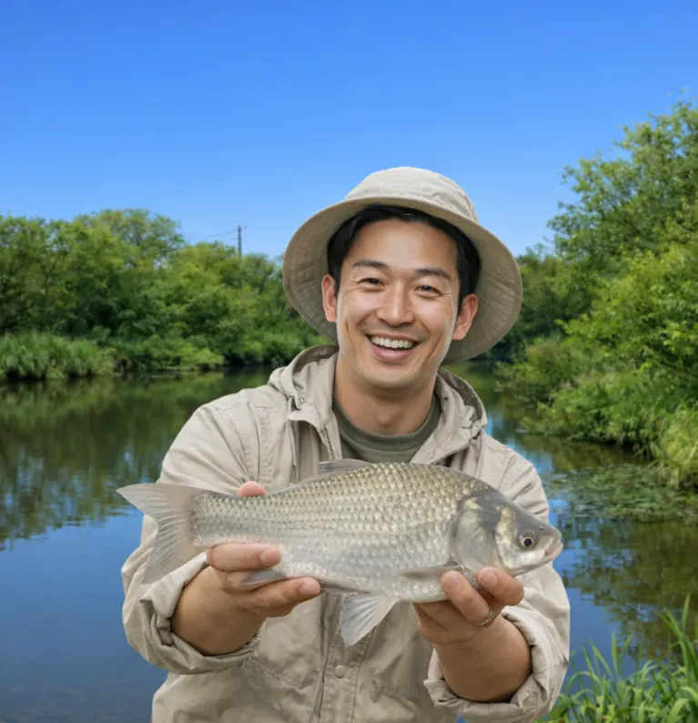篠路川でヘラブナの釣果を得た勝田.webp