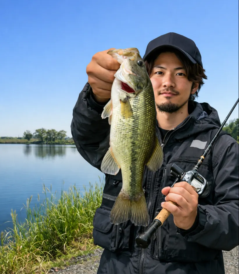 細池でブラックバスの釣果を得た澤田.webp