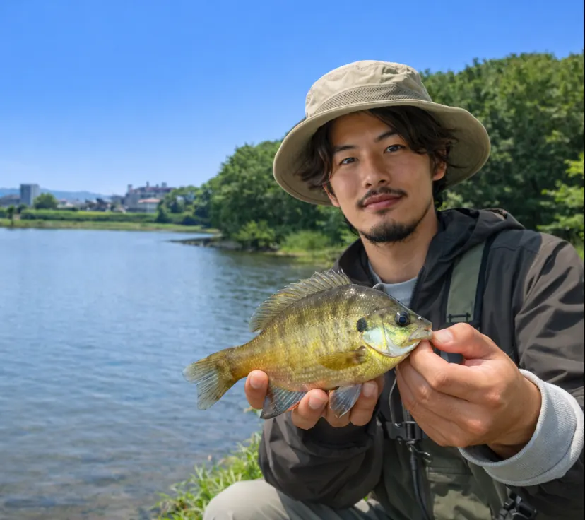 維摩池でブルーギルの釣果を得た澤田.webp