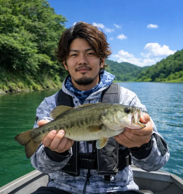 緑川ダムでブラックバスの釣果を得た澤田.webp