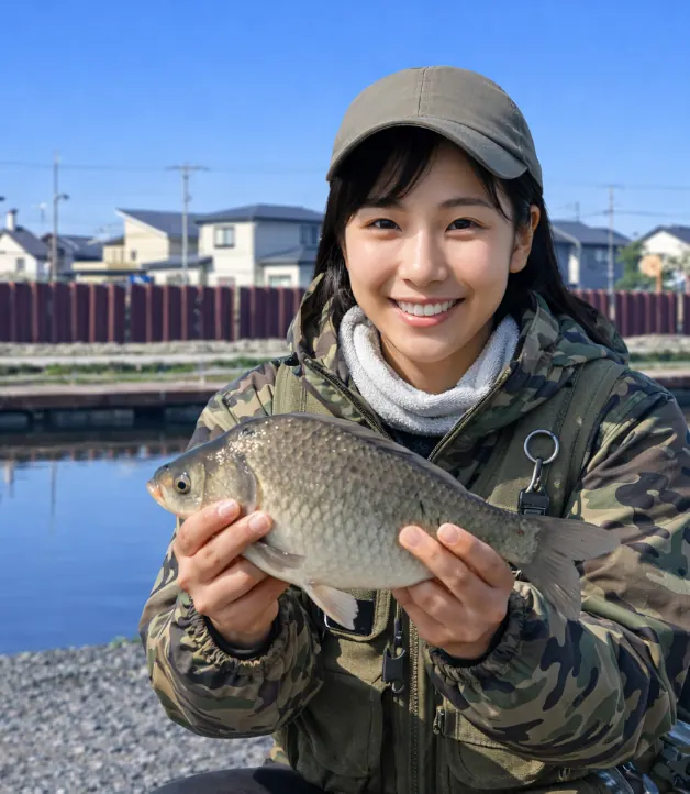 美秀苑でヘラブナの釣果を得た女性.webp