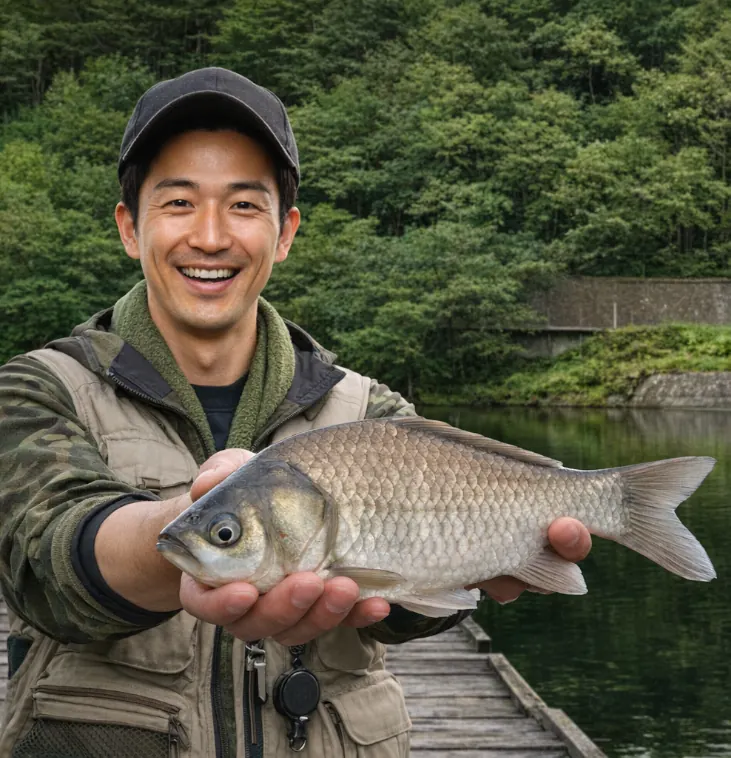 美鈴湖でヘラブナの釣果を得た勝田.webp