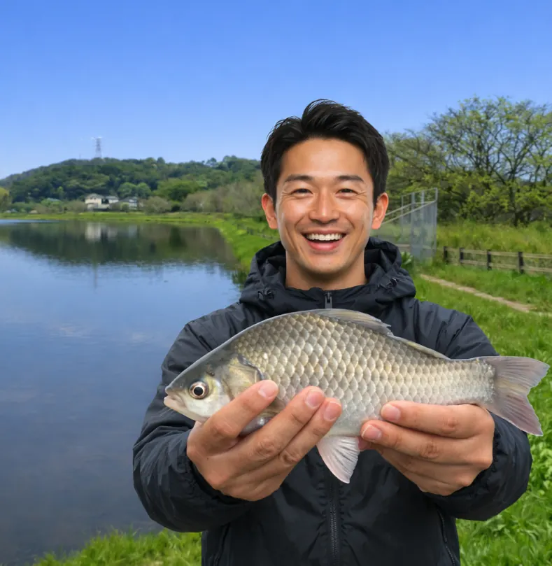 花園池でヘラブナの釣果を得た勝田.webp