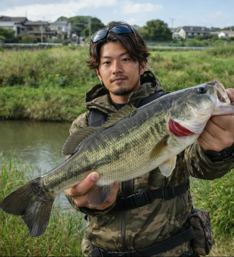 花室川でブラックバスの釣果を得た澤田.webp