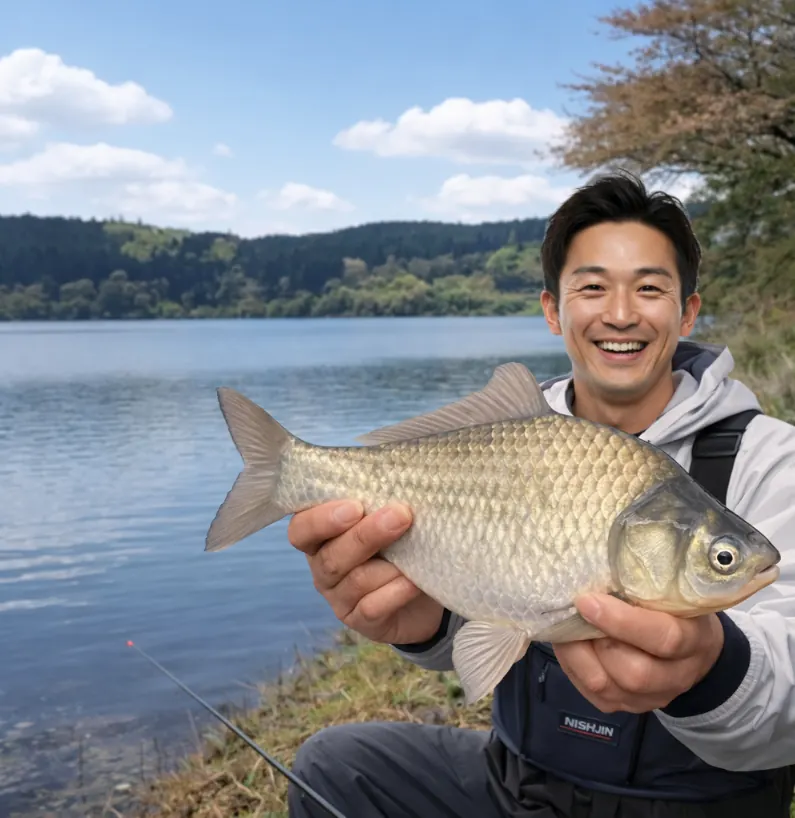 花山湖でヘラブナの釣果を得た勝田.webp