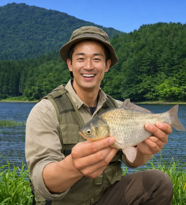 荒沼でヘラブナの釣果を得た勝田.webp