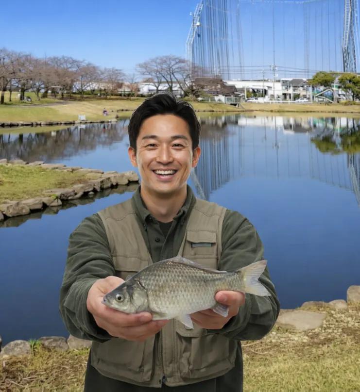 落合池でヘラブナの釣果を得た勝田.webp