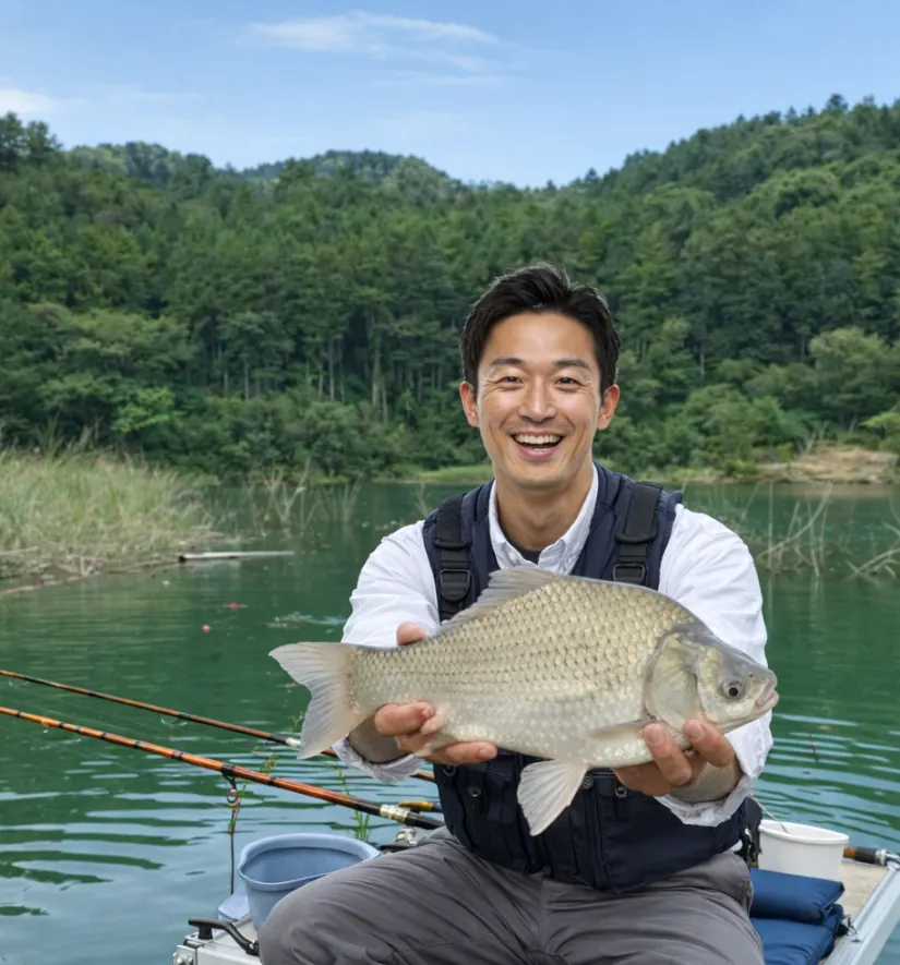 藤井川ダムでヘラブナの釣果を得た勝田.webp