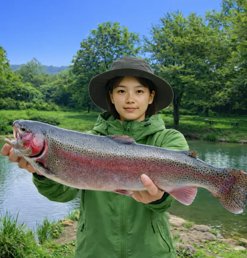 蛇尾川フィッシングパークでニジマスの釣果を得た森永.webp
