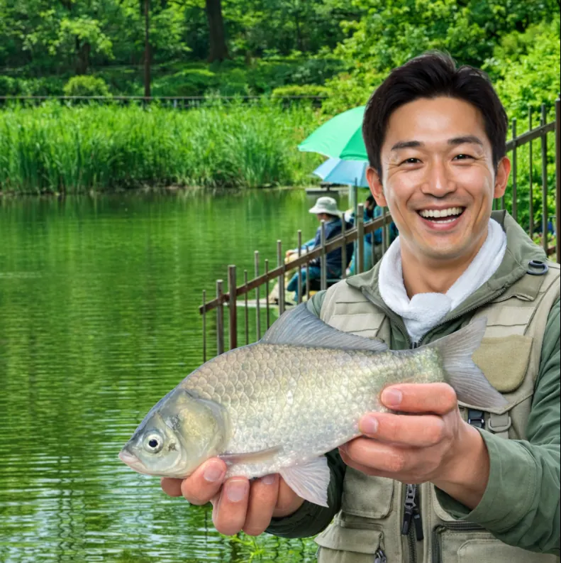 蝮池でヘラブナの釣果を得た勝田.webp