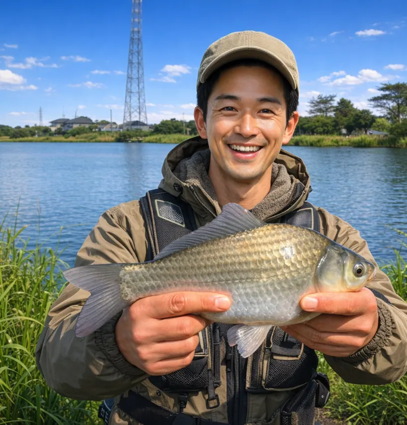 袋の溜池でヘラブナの釣果を得た勝田.webp