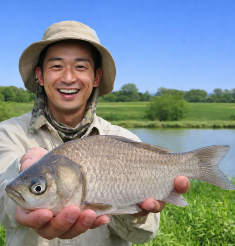 袋地沼でヘラブナの釣果を得た勝田.webp