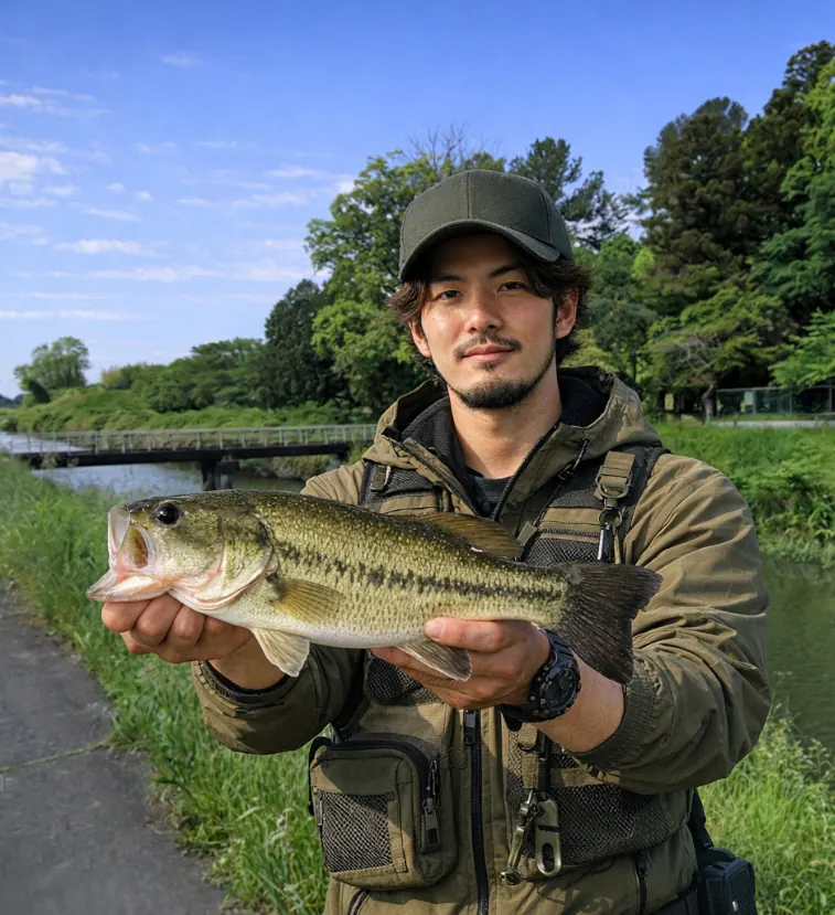 西仁連川でブラックバスの釣果を得た澤田.webp