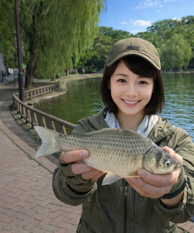 見次公園でヘラブナの釣果を得た西岡.webp