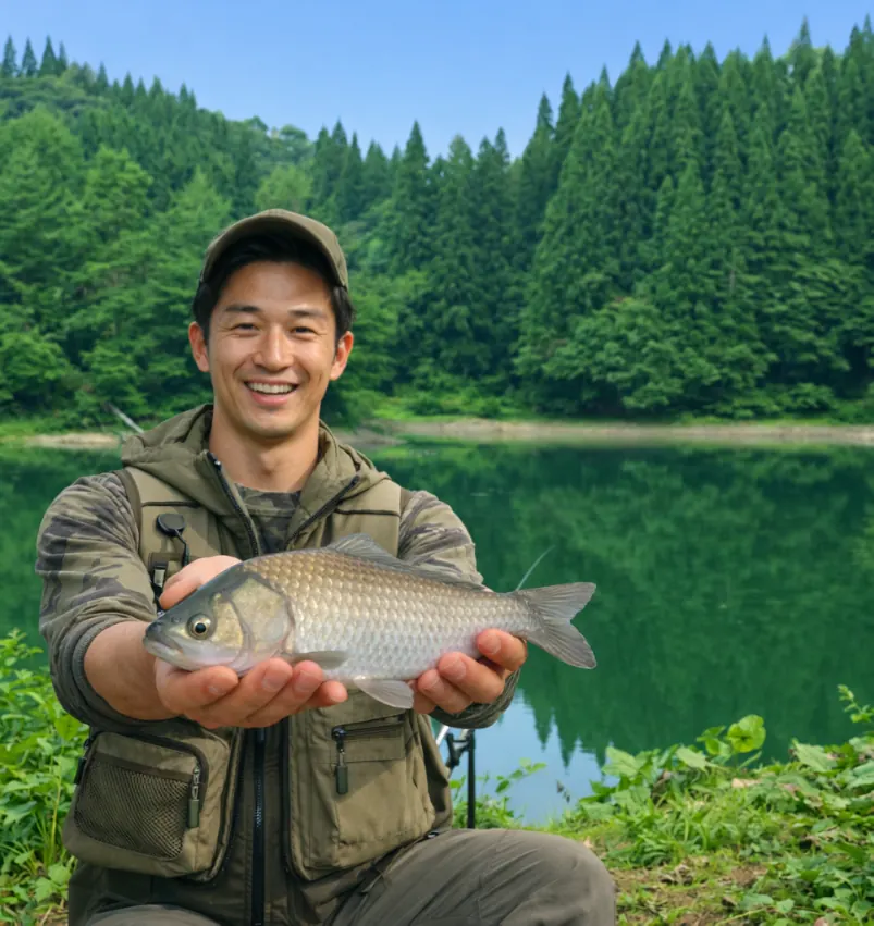 貝沼でヘラブナの釣果を得た勝田.webp