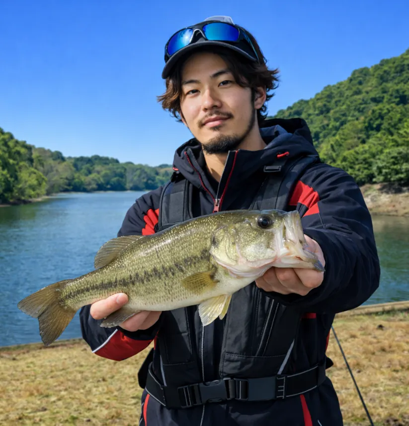 赤田池でブラックバスの釣果を得た澤田.webp