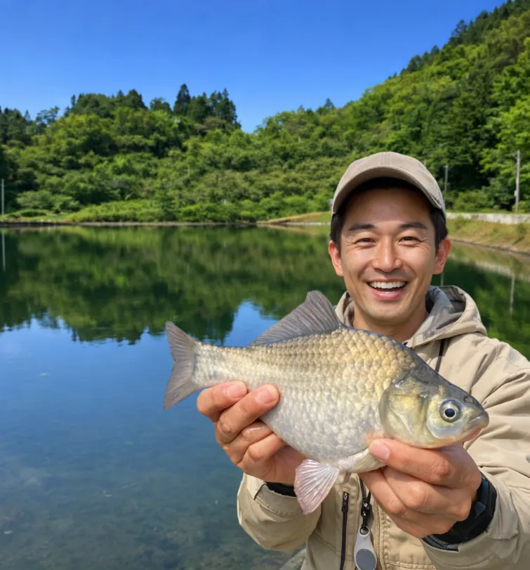 赤祖父湖でヘラブナの釣果を得た勝田.webp