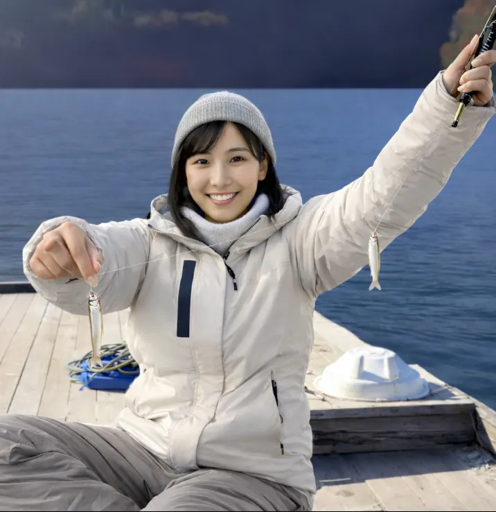 赤谷湖でワカサギの釣果を得た女性.webp