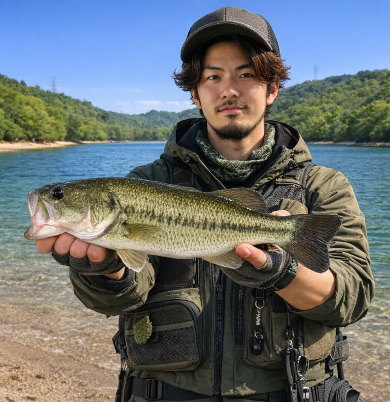 辻ダムでブラックバスの釣果を得た澤田.webp