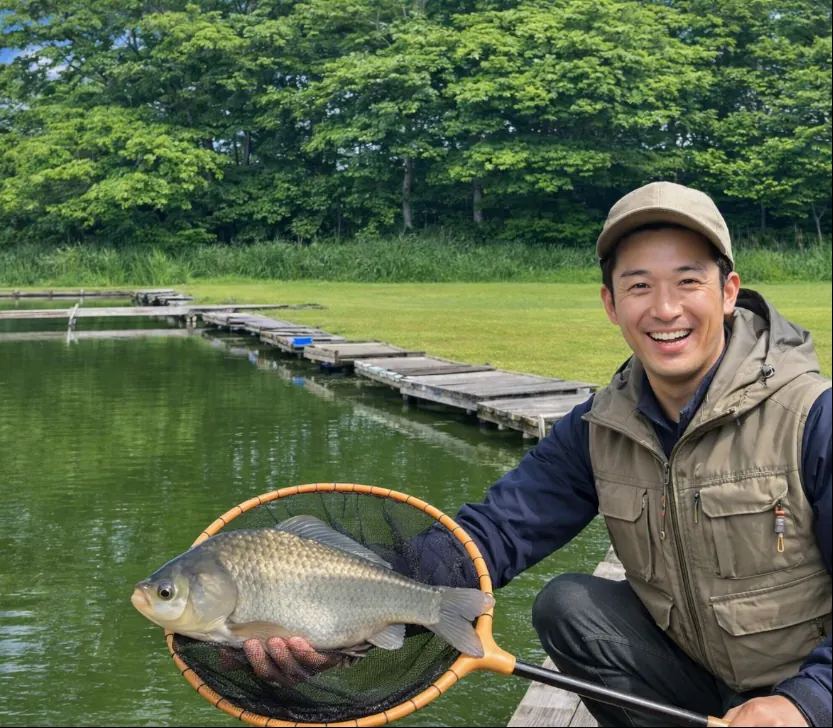 追分池でヘラブナの釣果を得た勝田.webp