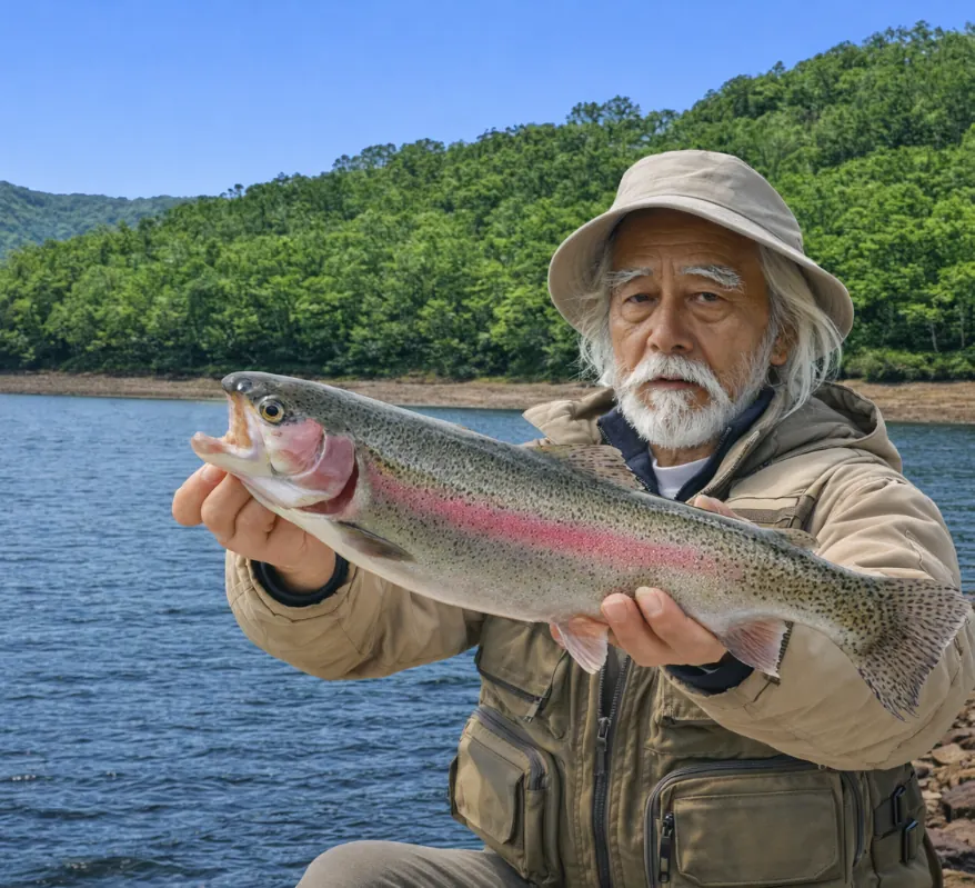 野反湖でニジマスの釣果を得た米田.webp