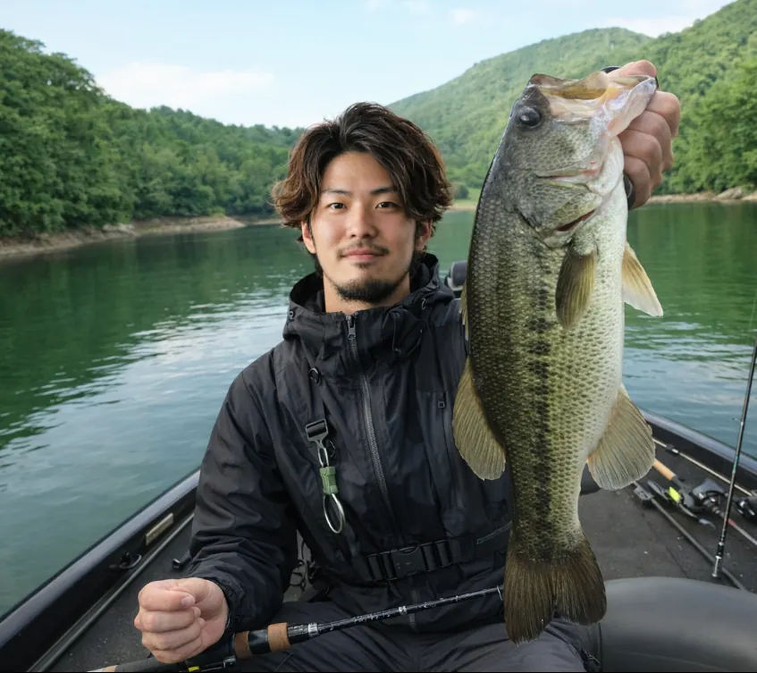 野村ダムでブラックバスの釣果を得た澤田.webp