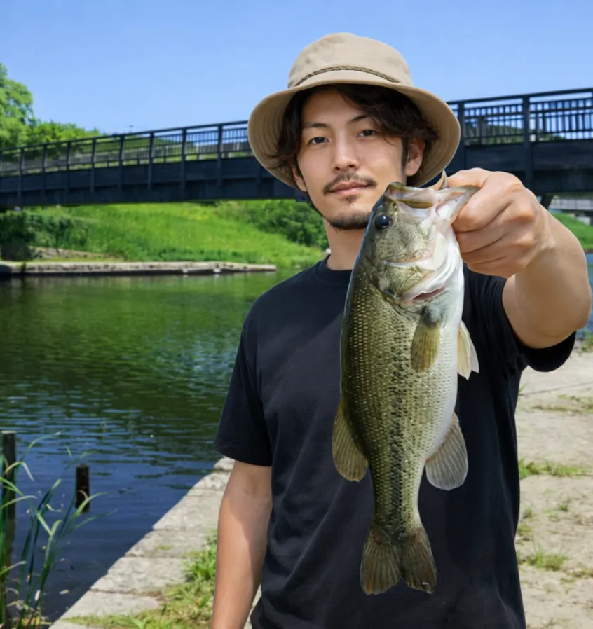 金山川でブラックバスの釣果を得た澤田.webp