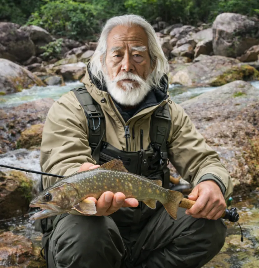 金峰山川でイワナの釣果を得た米田.webp