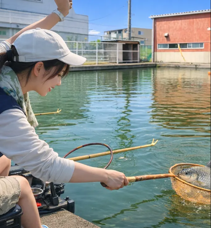 釣堀中の島センターでヘラブナの釣果を得た女性.webp