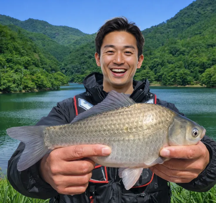 鍔市ダムでヘラブナの釣果を得た勝田.webp