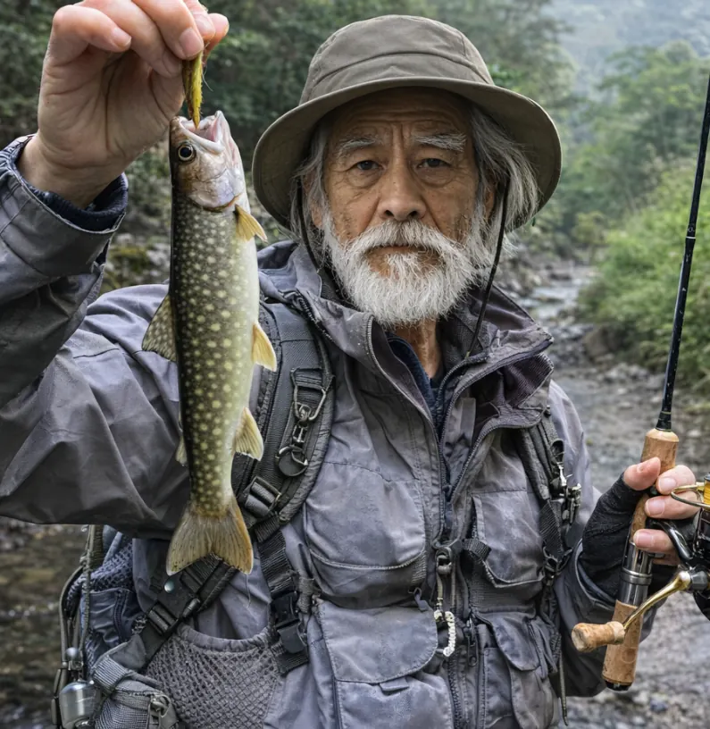 鎖川でイワナの釣果を得た米田.webp