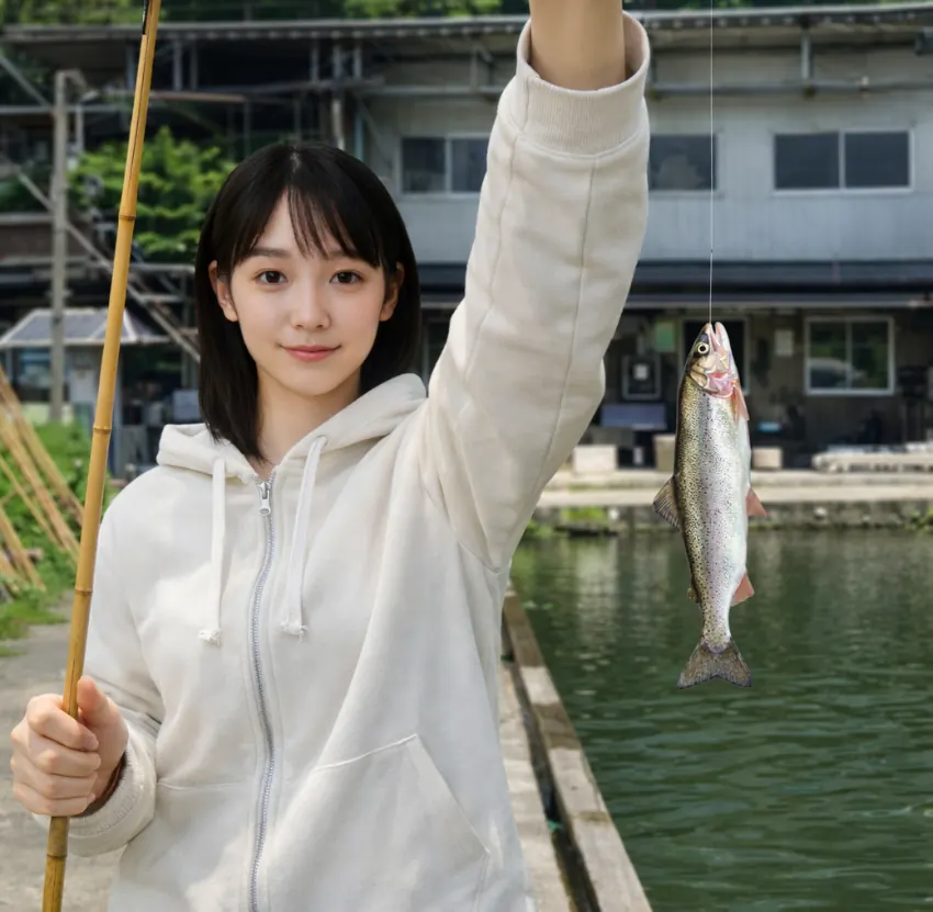 長瀞フィッシングセンターでニジマスの釣果を得た国生.webp