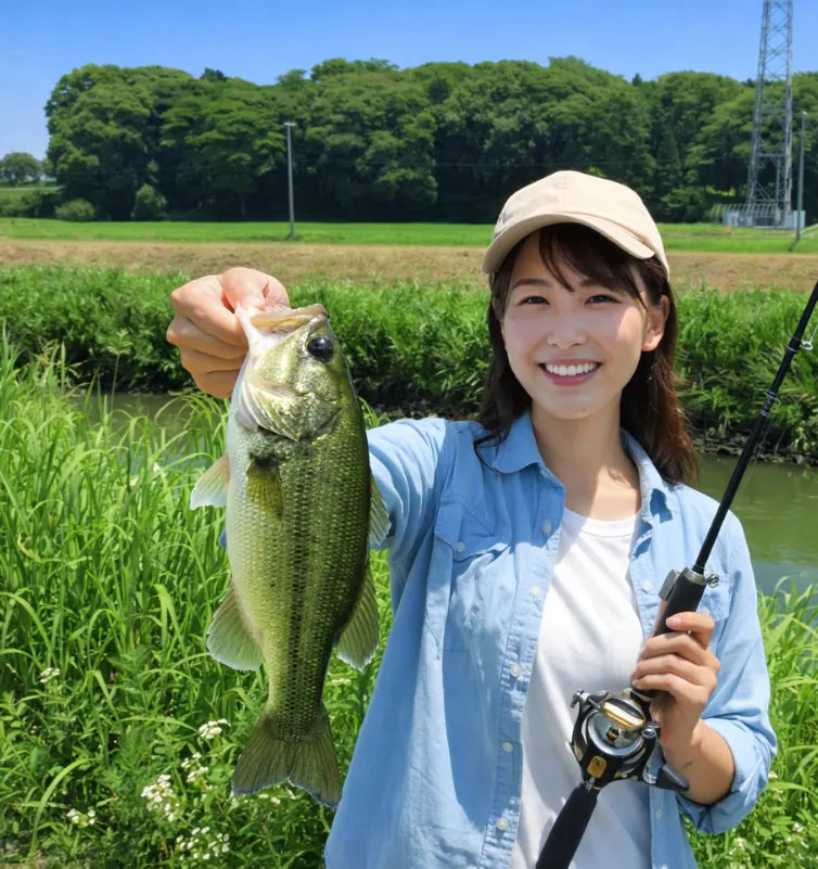 長田川でブラックバスの釣果を得た女性.webp