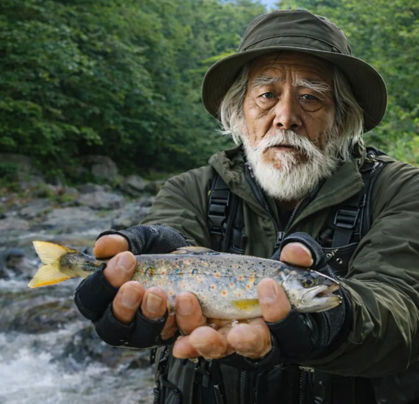 雨畑川でアマゴの釣果を得た米田.webp