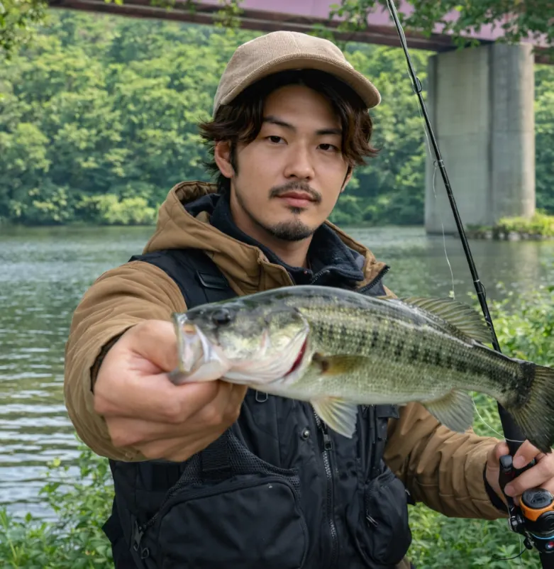 雪谷川ダムでブラックバスの釣果を得た澤田.webp