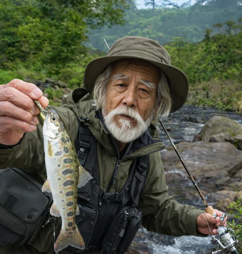 須玉川でアマゴの釣果を得た米田.webp