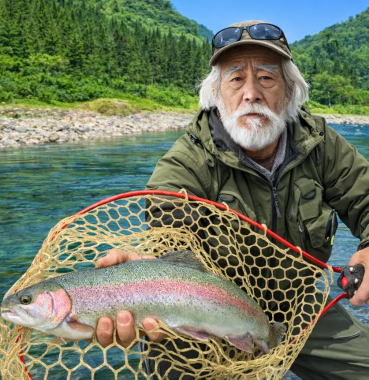 高原川でニジマスの釣果を得た米田.webp