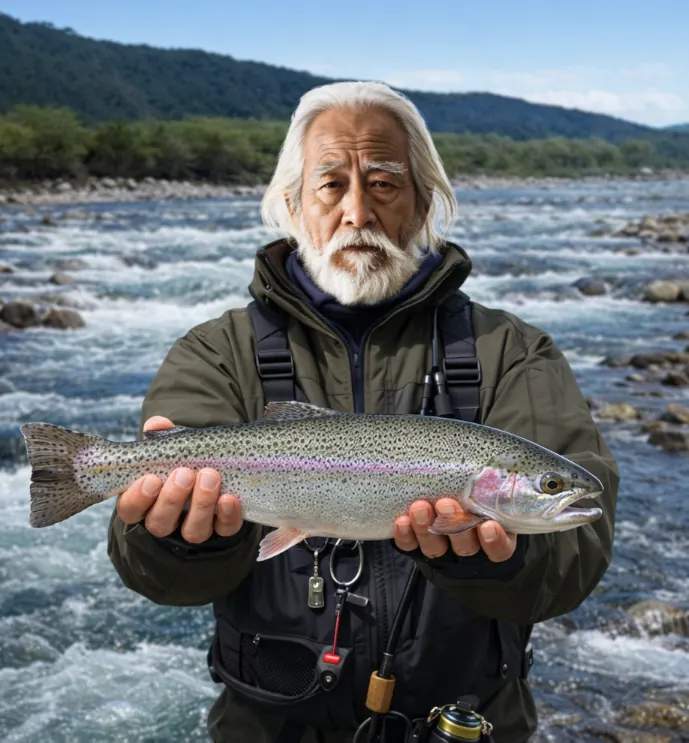 高瀬川でニジマスの釣果を得た米田.webp