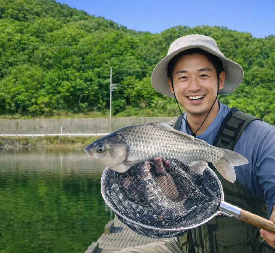 鮎川湖でヘラブナの釣果を得た勝田.webp