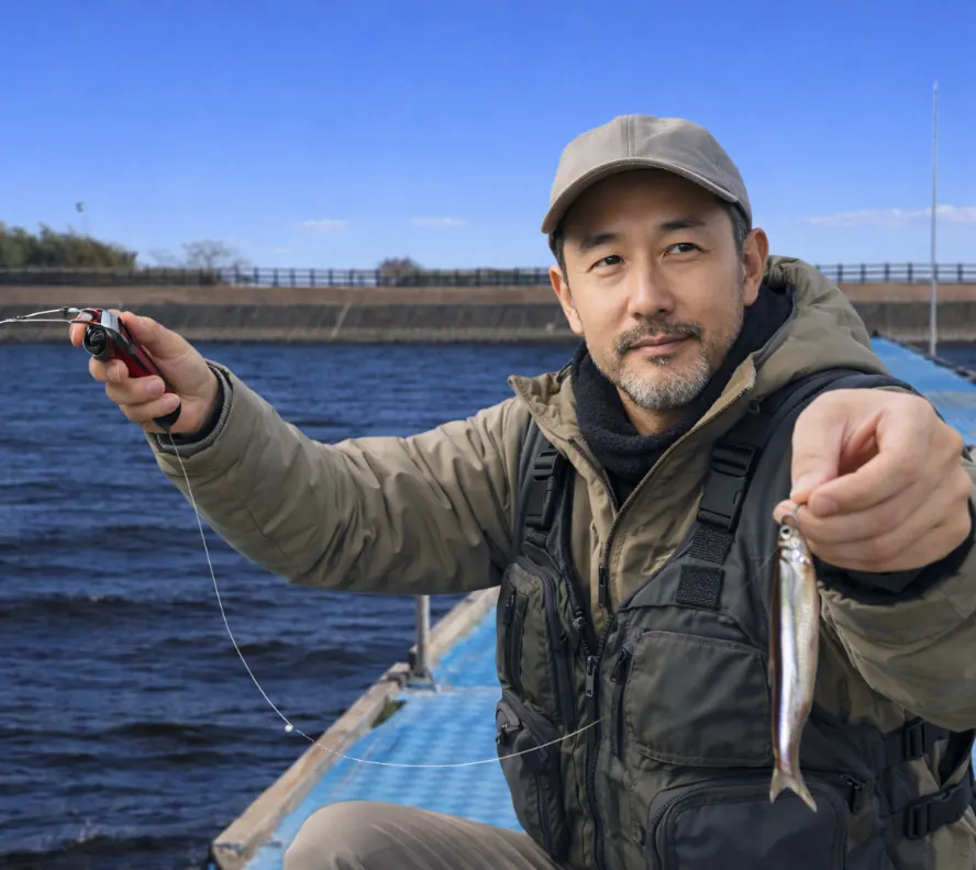 鳴沢湖でワカサギの釣果を得た渡辺.webp