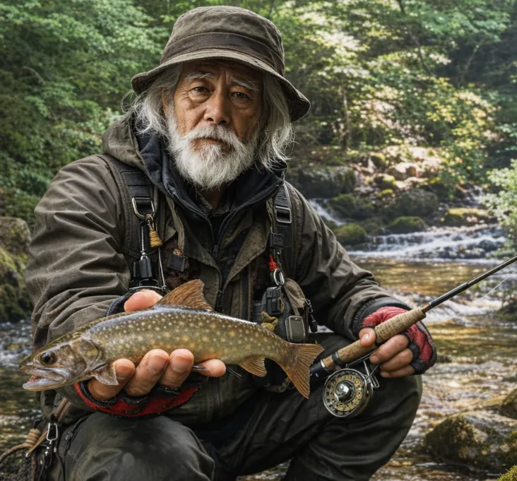 鹿留川でイワナの釣果を得た米田.webp