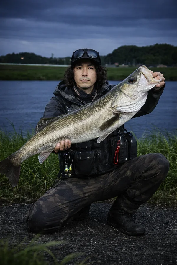 利根川でシーバスを釣った岸本