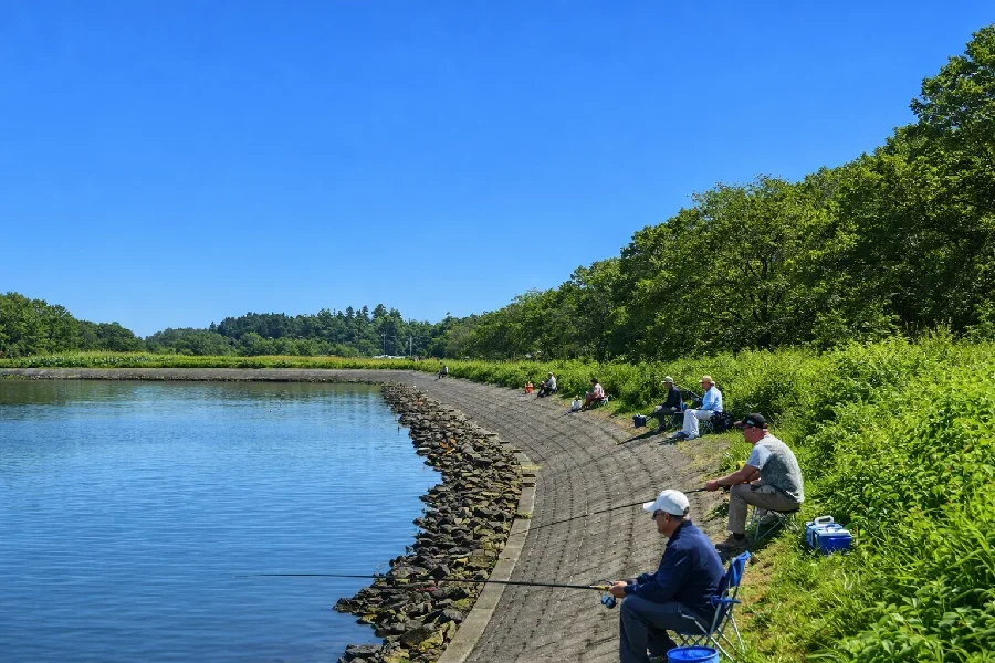 涸沼網掛公園付近で釣りをする人々