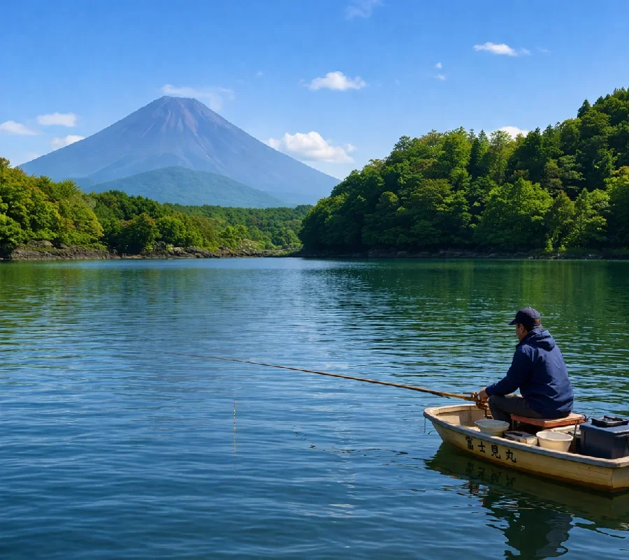 精進湖でボートから釣りをする人