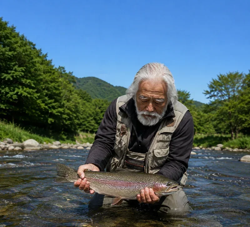 尻別川でニジマスを釣った米田